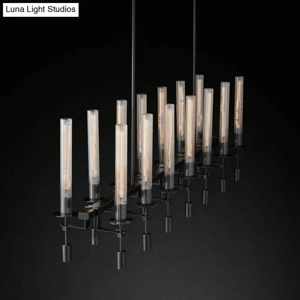 Decorbites modern black brass tube island chandelier with multi-light clear glass cylindrical bulbs and linear design