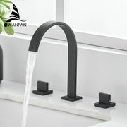 Modern black brass waterfall faucet bathroom double handle tap with black matte finish and three square handles by decorbites black brass