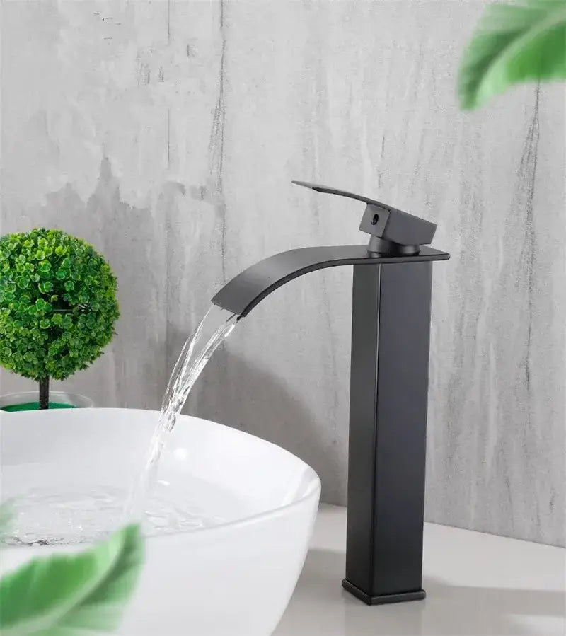 Modern black brass waterfall faucet with matte finish and single handle mixer for bathroom by decorbites black brass