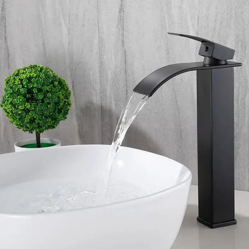 Modern black brass waterfall faucet with black matte finish and single handle mixer for bathroom decorbites black brass design