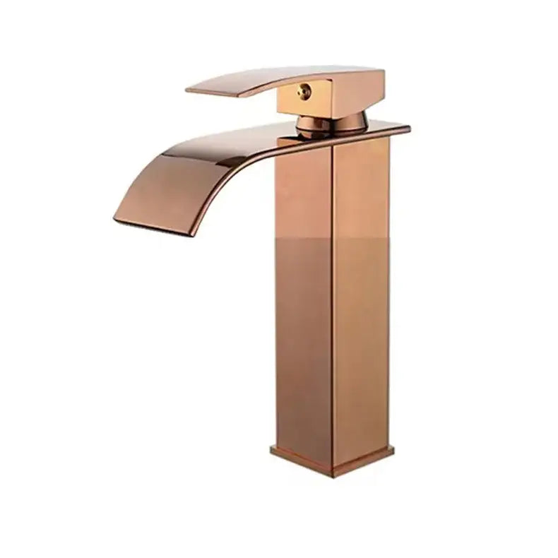 Modern black brass waterfall faucet with rose gold polished finish and sleek rectangular design for bathroom decorbites black brass
