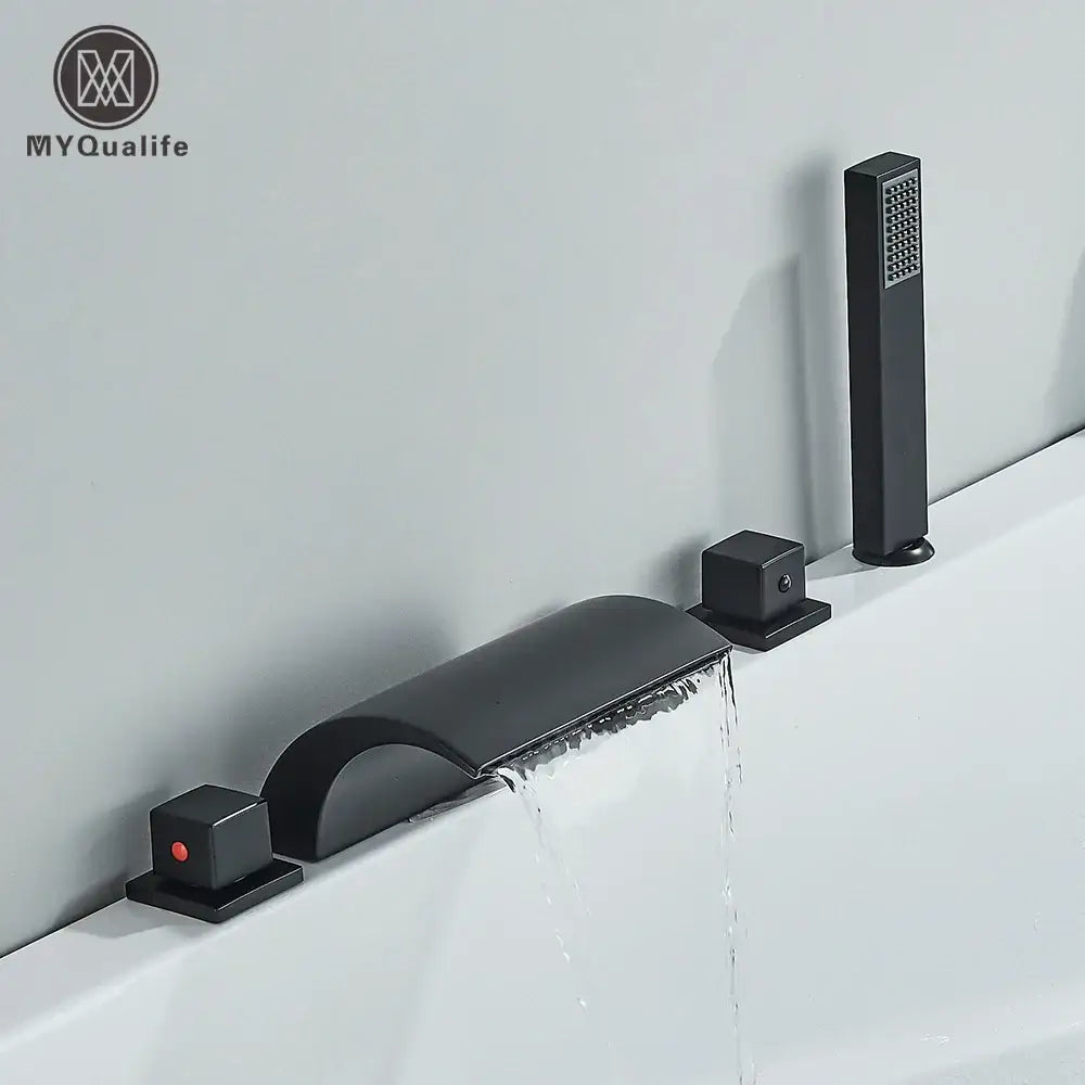 Modern black brass waterfall tub faucet by MyquaLife with matte finish square handles and tall handheld showerhead