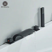Modern black brass waterfall tub faucet by MyquaLife with matte finish square handles and tall handheld showerhead