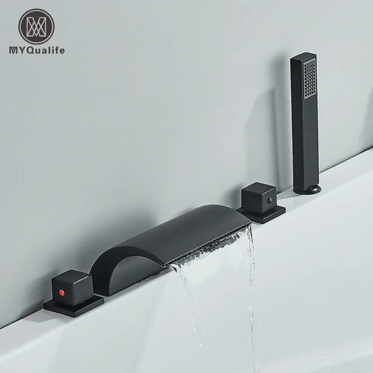 Modern black brass waterfall tub faucet by MyquaLife with matte finish square handles and tall handheld showerhead