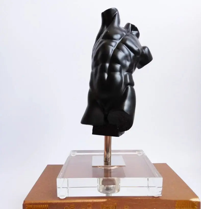 Modern black brokeback male nude resin sculpture of a muscular torso on clear acrylic stand for living room decorbites decor