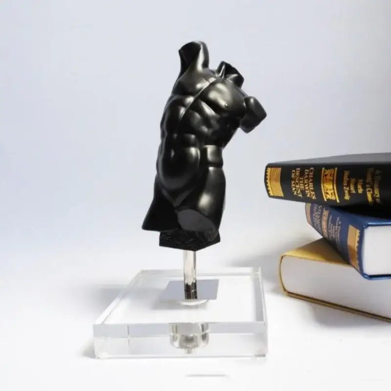 Modern black brokeback male nude resin sculpture of a muscular torso on clear acrylic stand for decorbites brokeback male decor