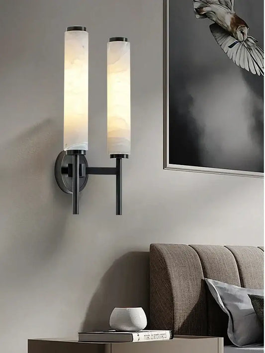 Modern black bronze brass wall lights with two translucent white alabaster shades for living room decorbites sconce