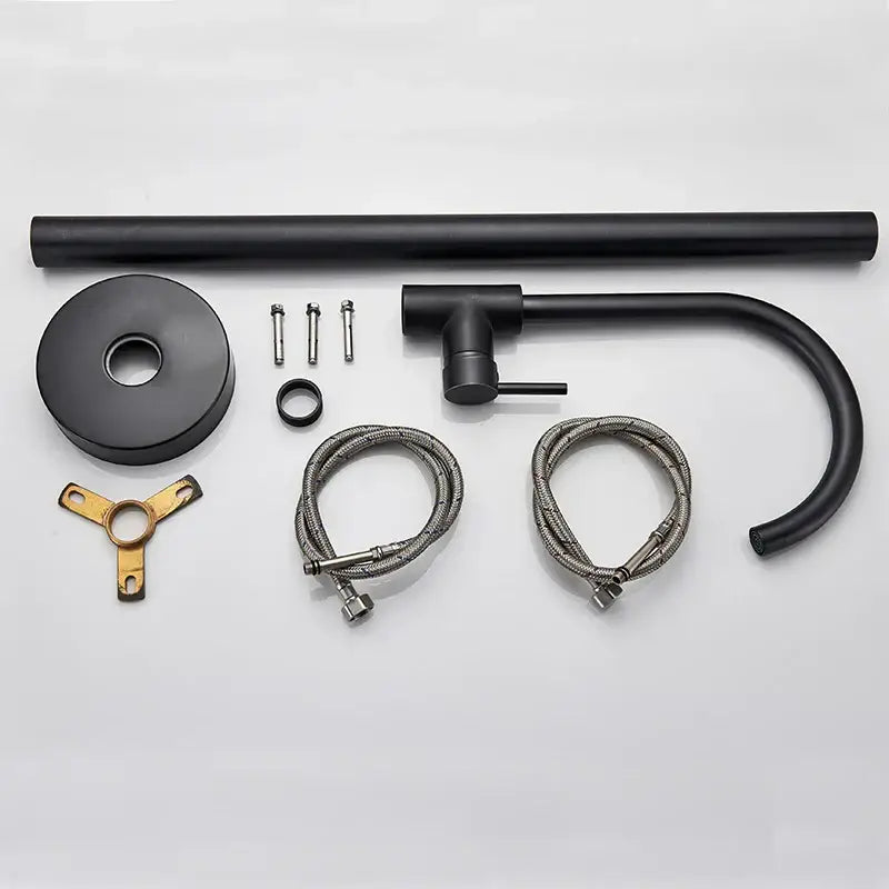 Modern decorbites black bronze bath shower tub faucet with black matte curved spout and braided metal hoses