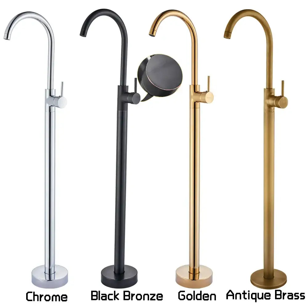 Modern black bronze bath shower tub faucet with rotate spout shown with chrome bronze and antique brass finishes