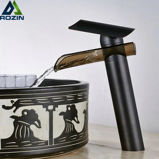 Modern black bronze glass waterfall tap with black matte finish and amber-tinted glass spout for bathroom countertop decorbites black bronze