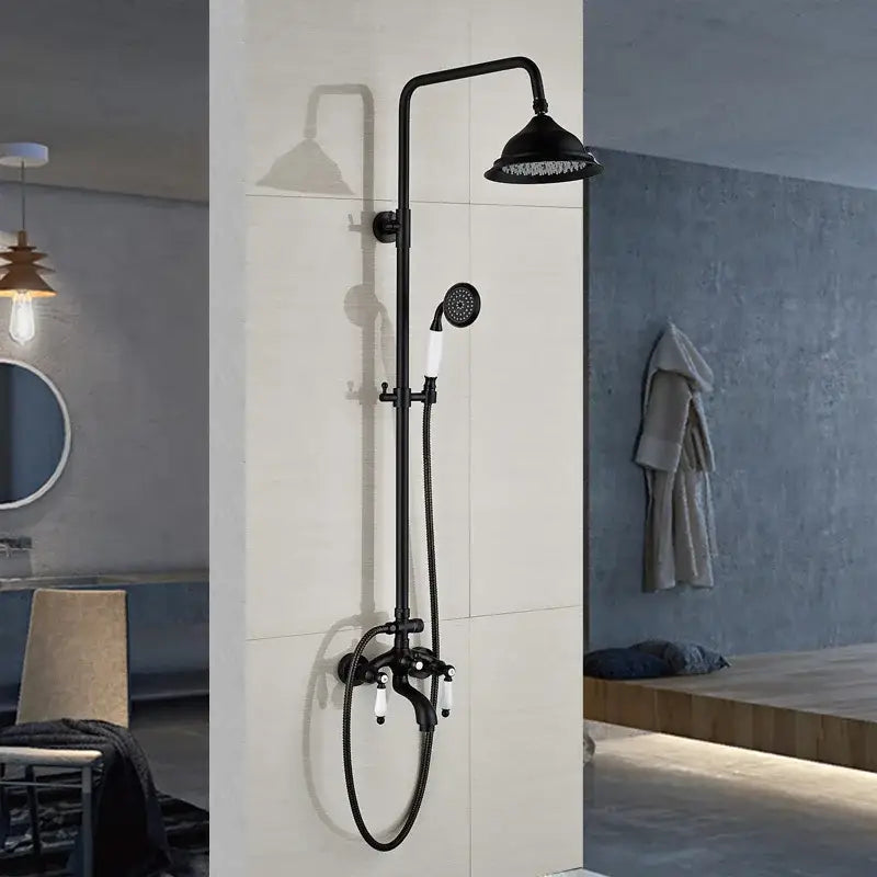 Modern black bronze and white shower faucet set with matte finish rainhead and ceramic handles for bathroom use