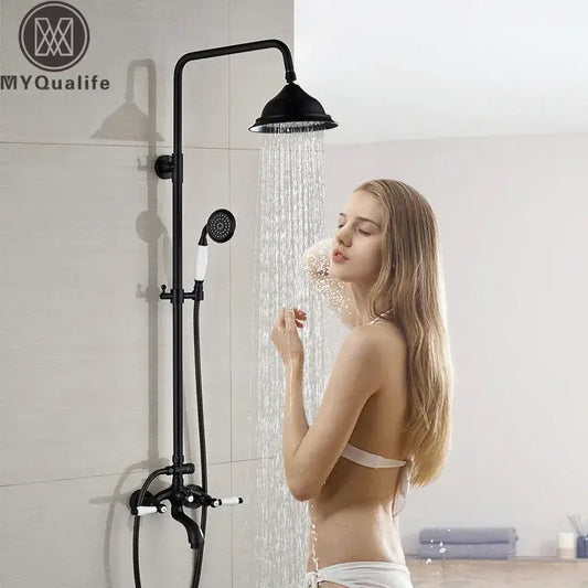Modern black bronze and white shower faucet set with matte finish rainfall column and handheld spray nozzle
