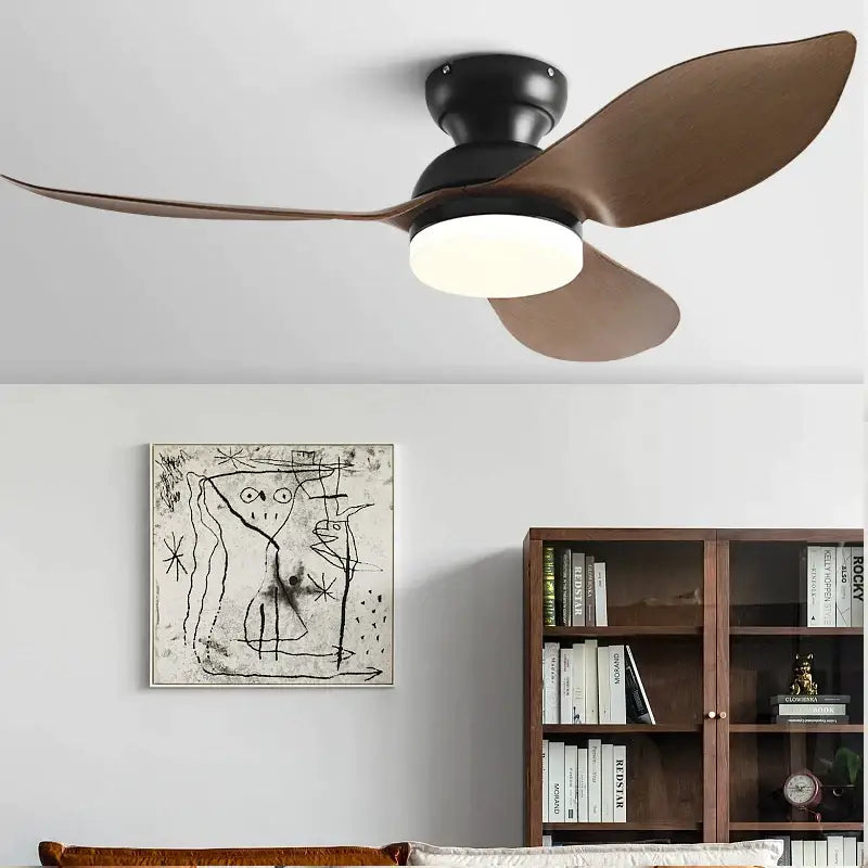 Modern black and brown ceiling fan with integrated led light designed for low floor living room installation