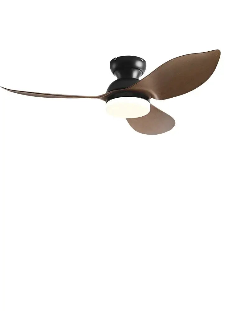 Modern black low floor ceiling fan with three sleek bronze blades and integrated led light for living room use