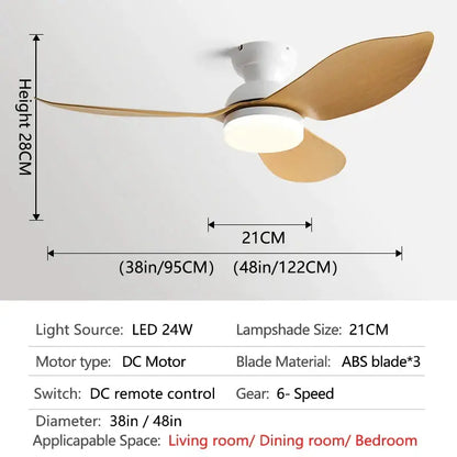 Modern black low floor ceiling fan with three light brown ABS blades and integrated LED light for living room use
