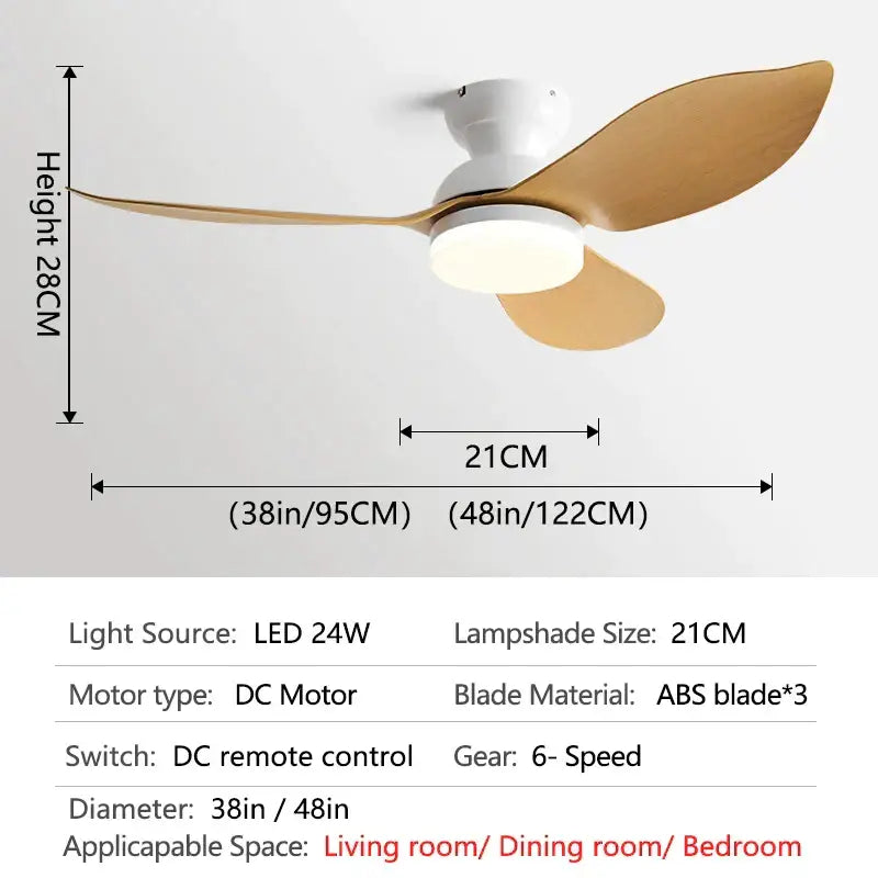 Modern black low floor ceiling fan with three light brown ABS blades and integrated LED light for living room use