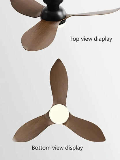 Modern black and brown ceiling fan with wooden blades black low floor design and integrated led light for living room