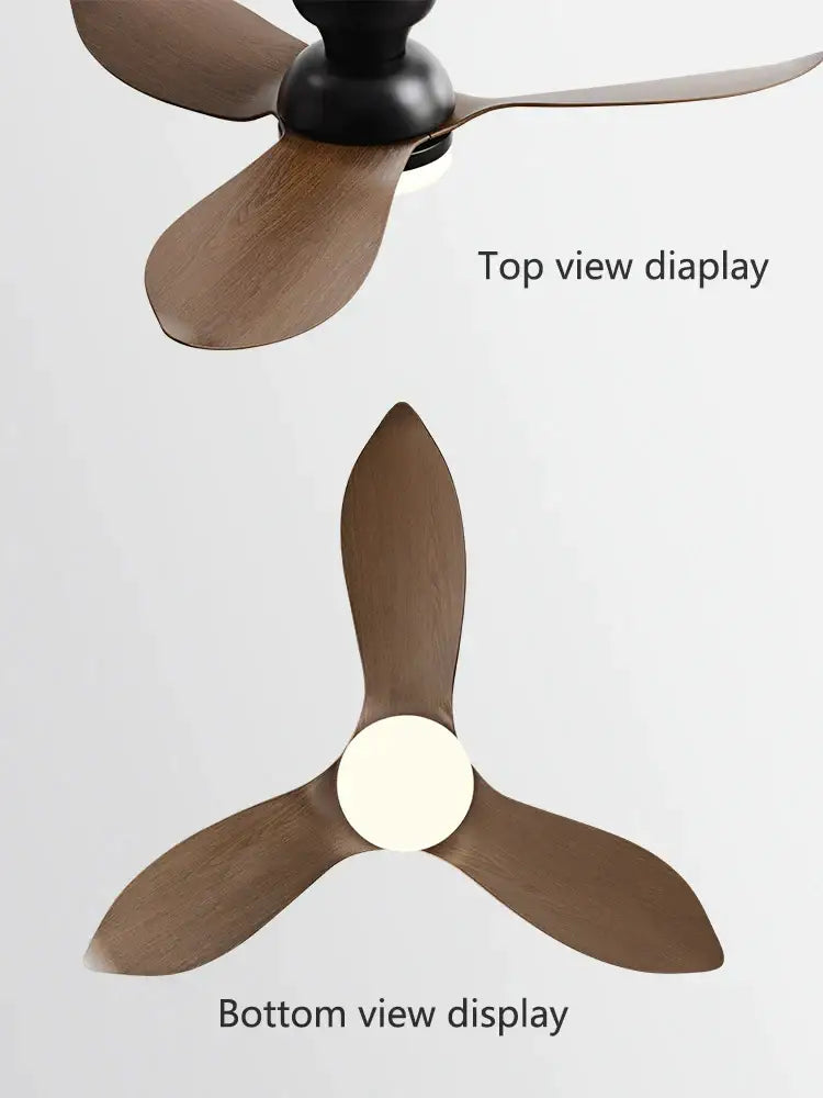 Modern black and brown ceiling fan with wooden blades black low floor design and integrated led light for living room