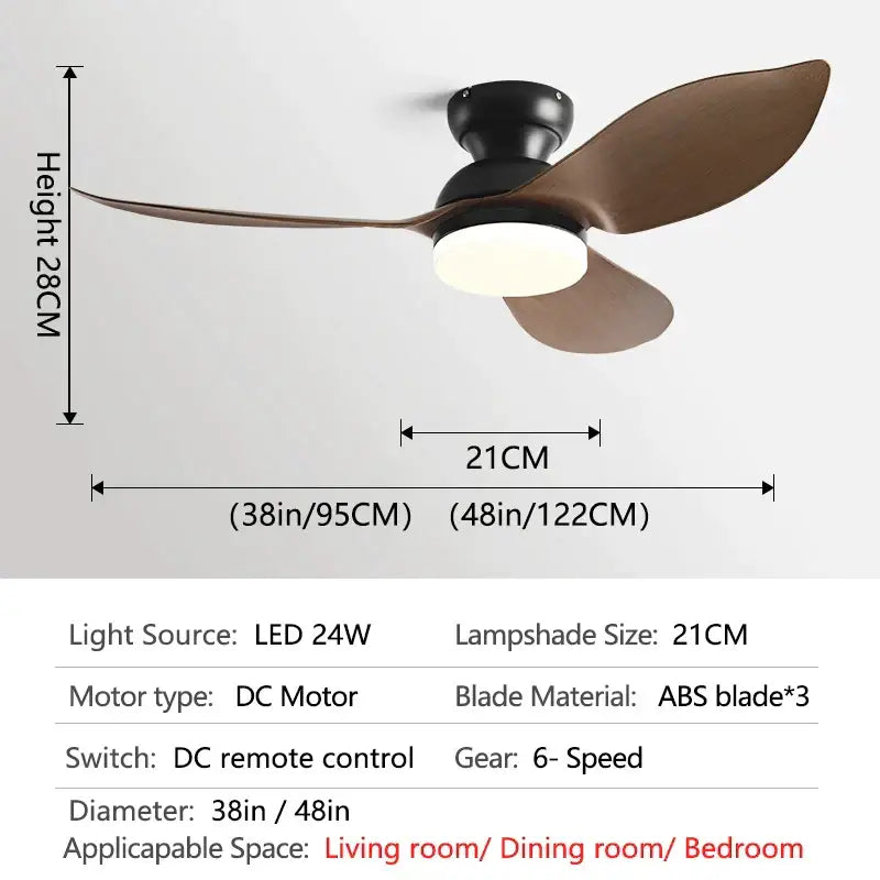 Modern black low floor ceiling fan with three brown ABS blades and circular LED light fixture for living room use