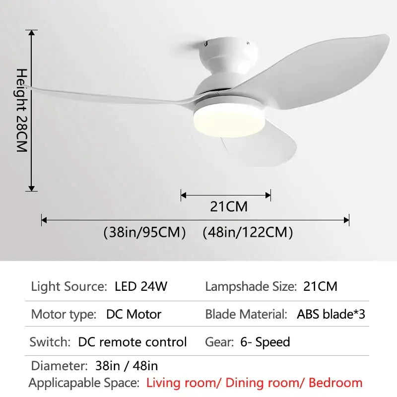 White ceiling fan with three ABS blades and integrated LED light for modern black low floor living room setup