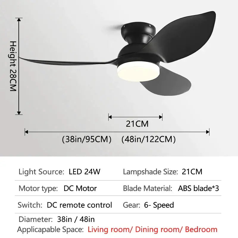 Modern black abs blade ceiling fan with integrated led light for black low floor living room use