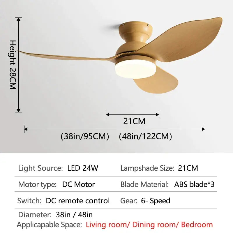 A modern black low floor ceiling fan with three light brown abs blades and integrated led light for living rooms