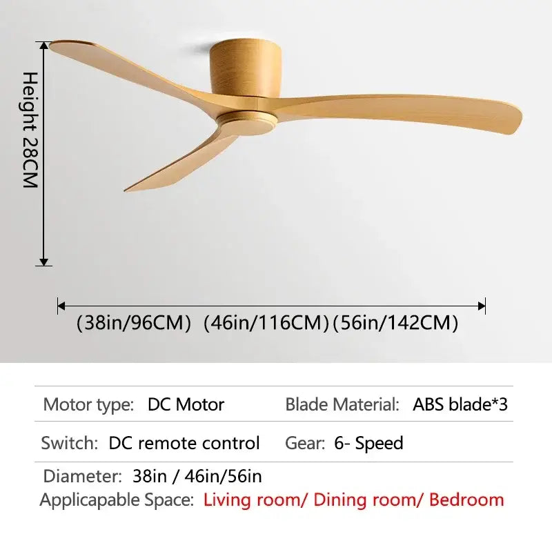 A sleek light wood finish ceiling fan with three blades and motor housing for black modern low profile bedroom decorbites