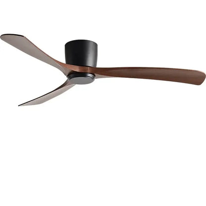 Modern black and brown low profile ceiling fan with three dark brown wooden blades and matte black housing for bedroom decorbites black modern design