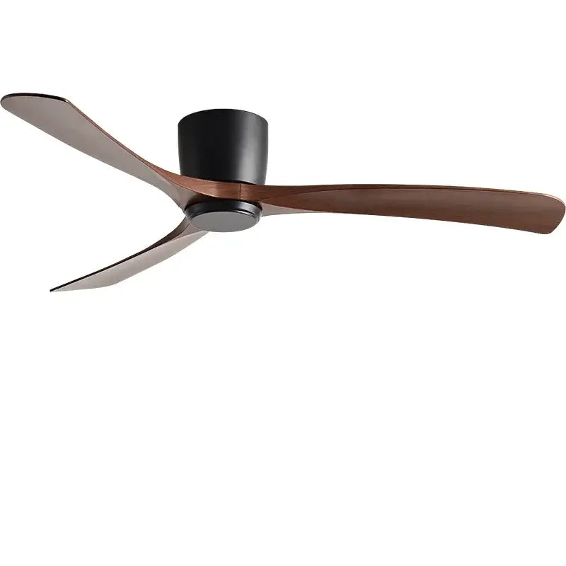 Modern black and brown low profile ceiling fan with three dark brown wooden blades and matte black housing for bedroom decorbites black modern design