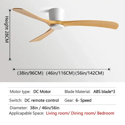 Modern black modern low profile ceiling fan with three light wood-colored abs blades and white motor housing by decorbites