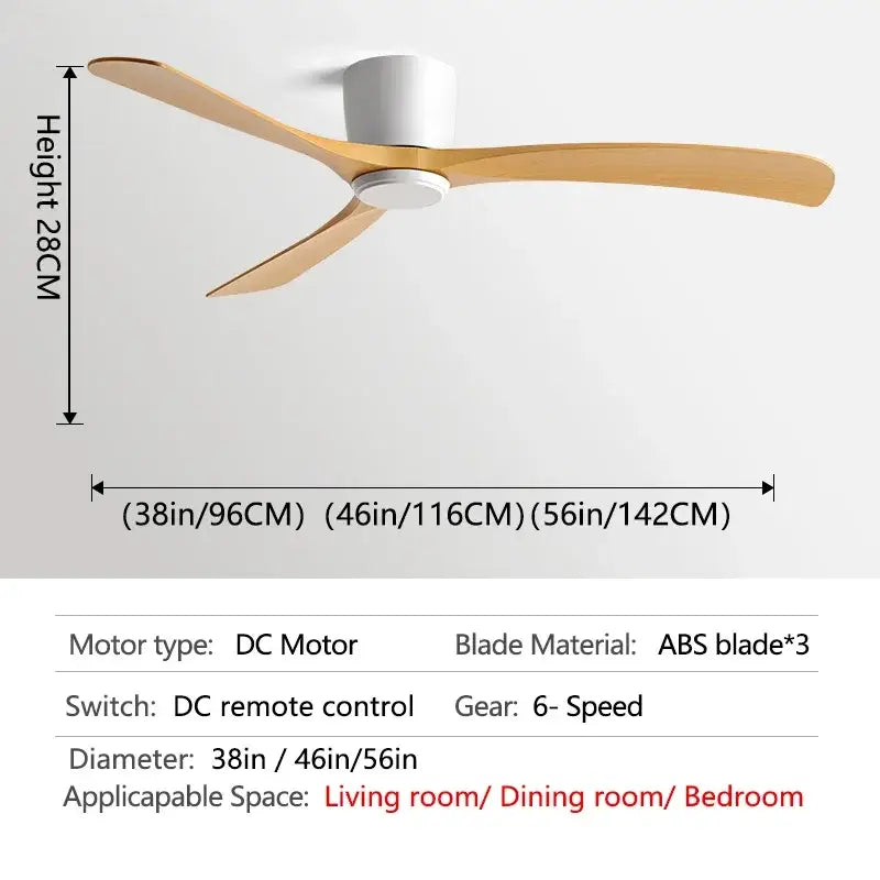 Modern black modern low profile ceiling fan with three light wood-colored abs blades and white motor housing by decorbites