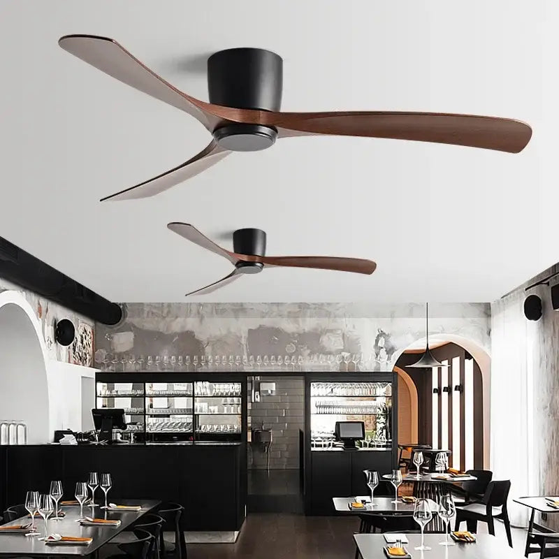 Modern black and brown low profile ceiling fan with sleek black housing and wooden blades for bedroom decorbites black modern