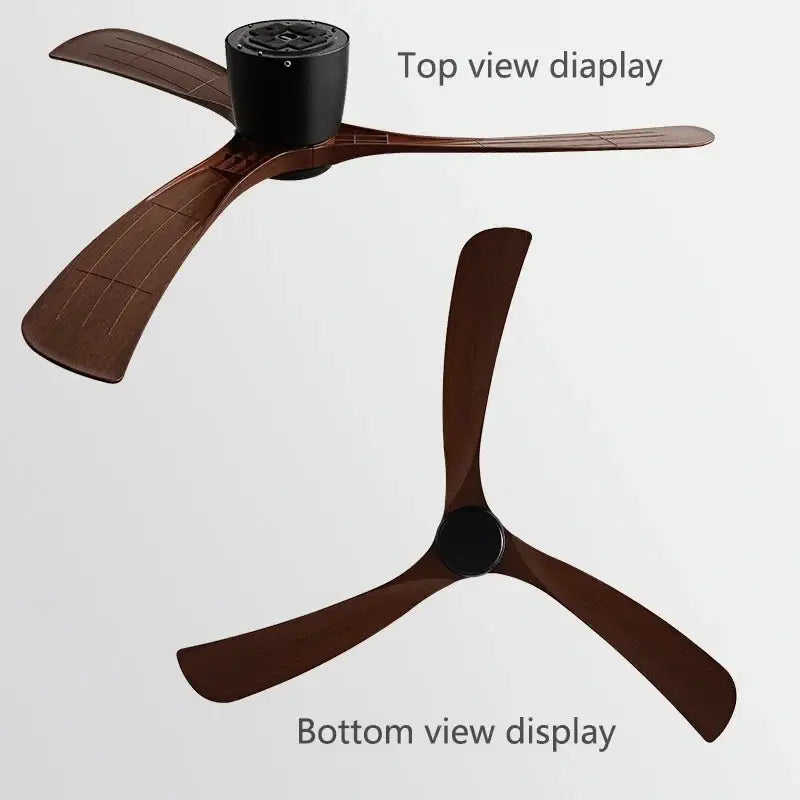 Modern black modern low profile ceiling fan with three dark brown wooden blades and sleek black motor housing for bedroom decorbites