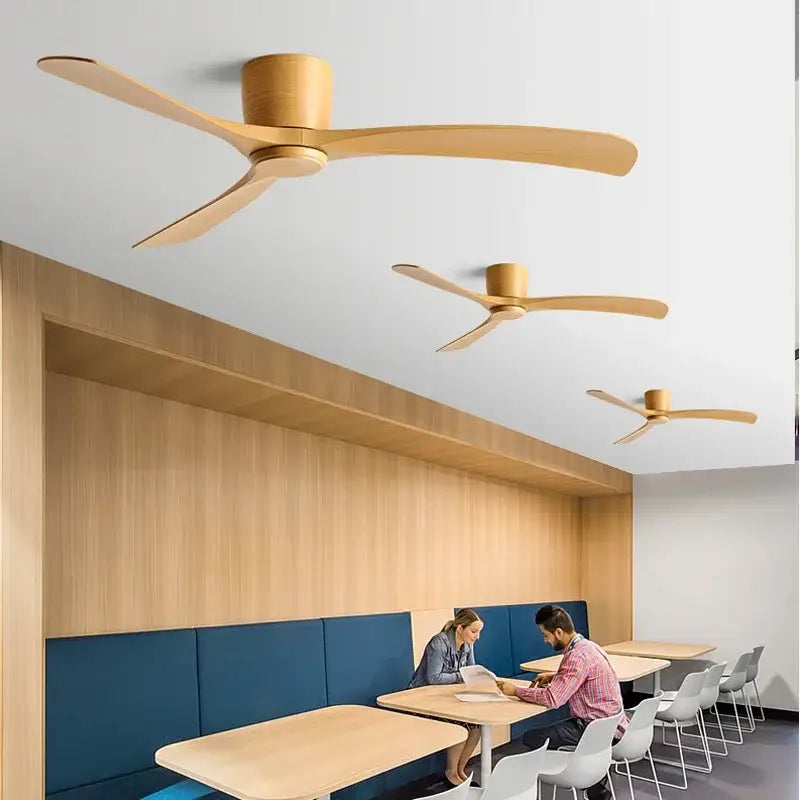 Modern black modern low profile wooden ceiling fan with sleek minimalist design and three slender blades for bedroom decorbites