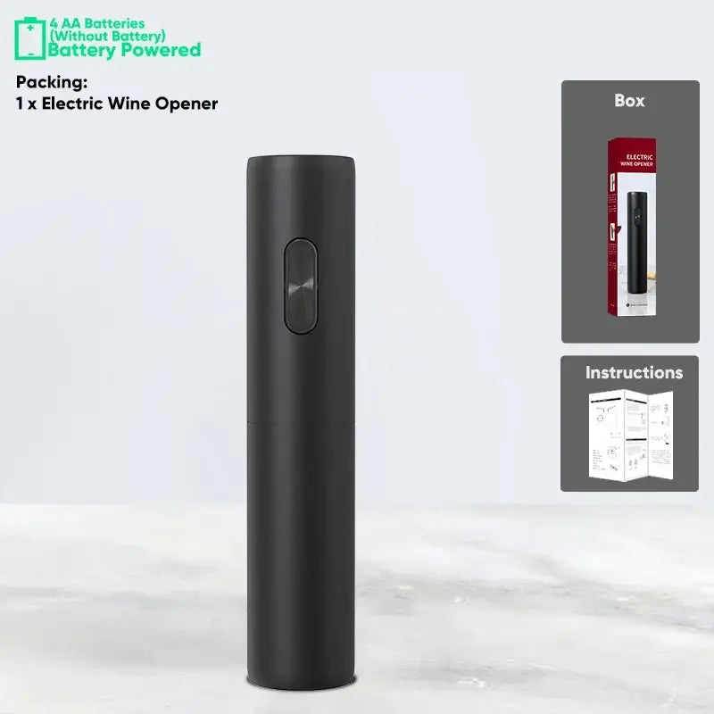 Modern black brushed metal electric wine opener with a sleek matte finish and oval button for easy use