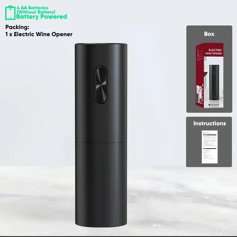 Modern black brushed metal electric wine opener with a sleek matte finish and metallic accent on the top button