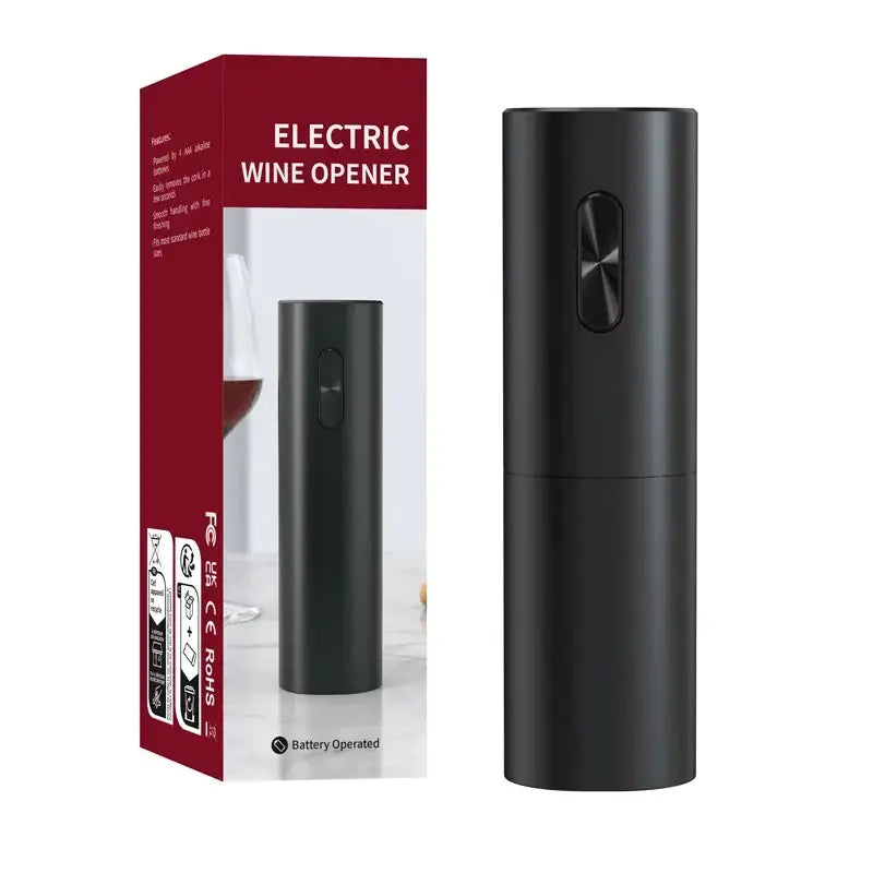 Modern black brushed metal electric wine opener with a sleek matte finish and metallic side button for easy use
