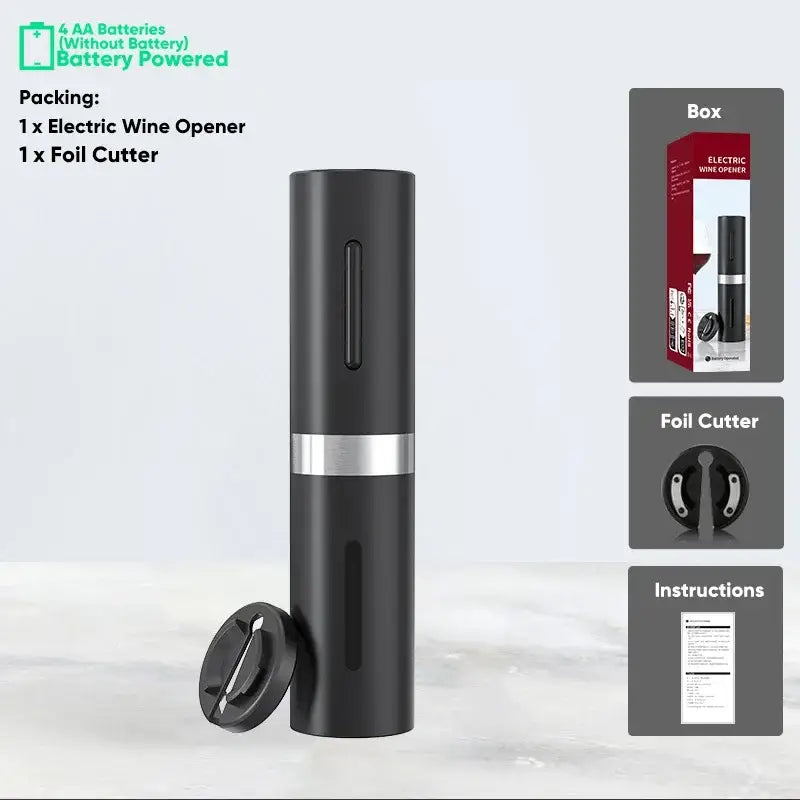 Modern black brushed metal electric wine opener with silver accent band for effortless wine opening