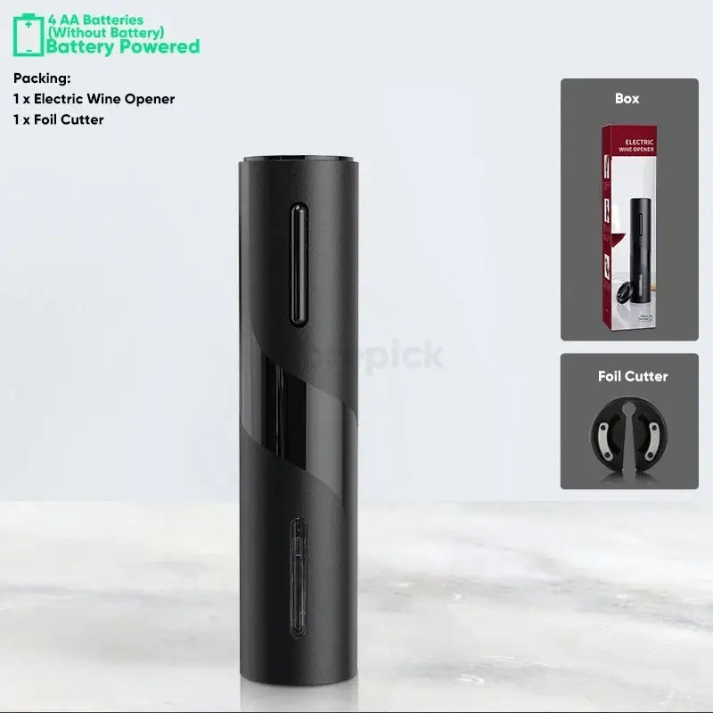 Modern black brushed metal electric wine opener with sleek cylindrical design and smooth finish for kitchen use