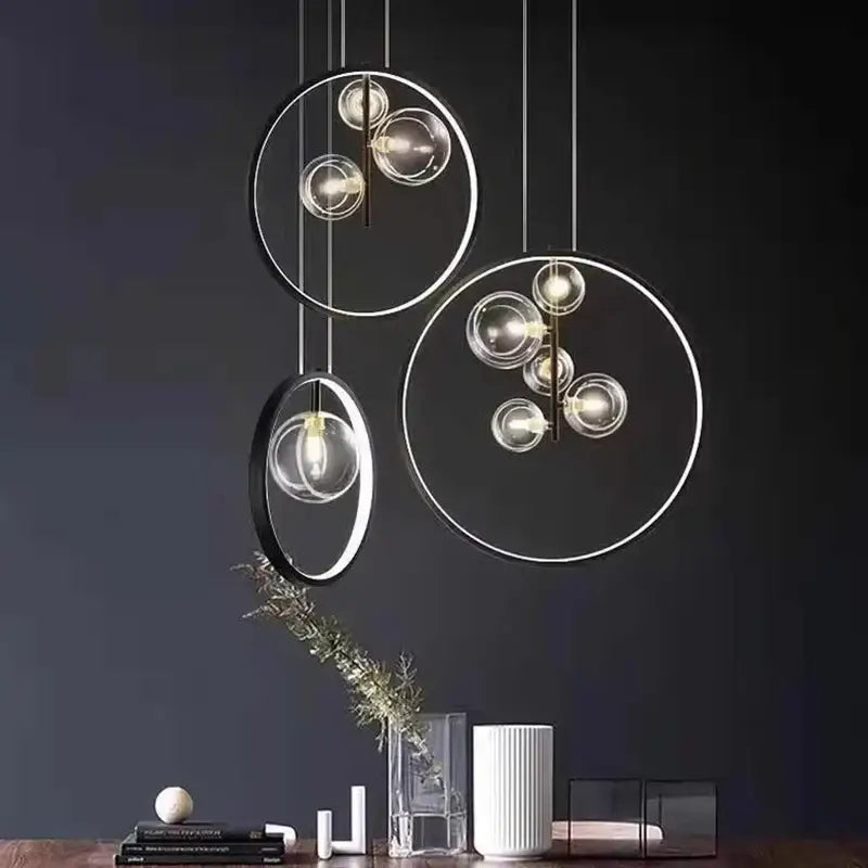 Modern black bubble glass pendant light with clear glass spheres and metallic frames for dining room decorbites bubble glass
