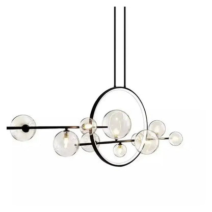 Modern black metal pendant light with clear bubble glass globes in circular and linear design for dining room decorbites bubble glass