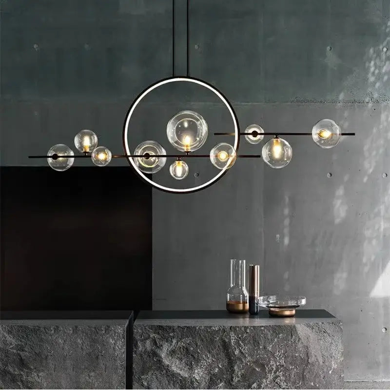 Modern black bubble glass pendant light with clear glass spheres and circular frame for dining room decorbites bubble glass