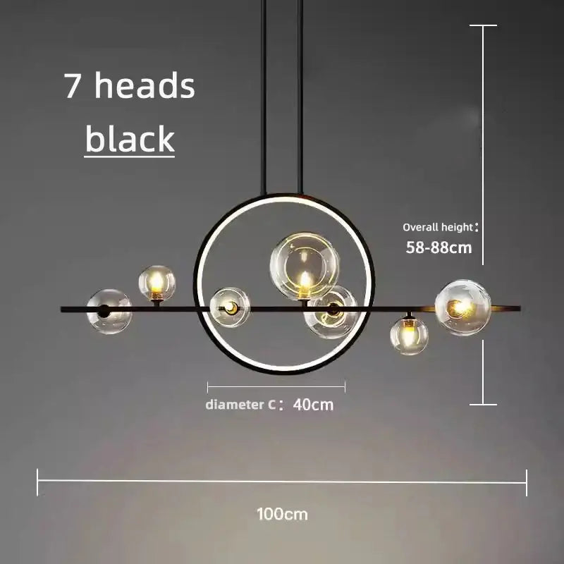 Modern black pendant light featuring seven bubble glass globe bulbs on a circular frame for dining room decorbites bubble glass