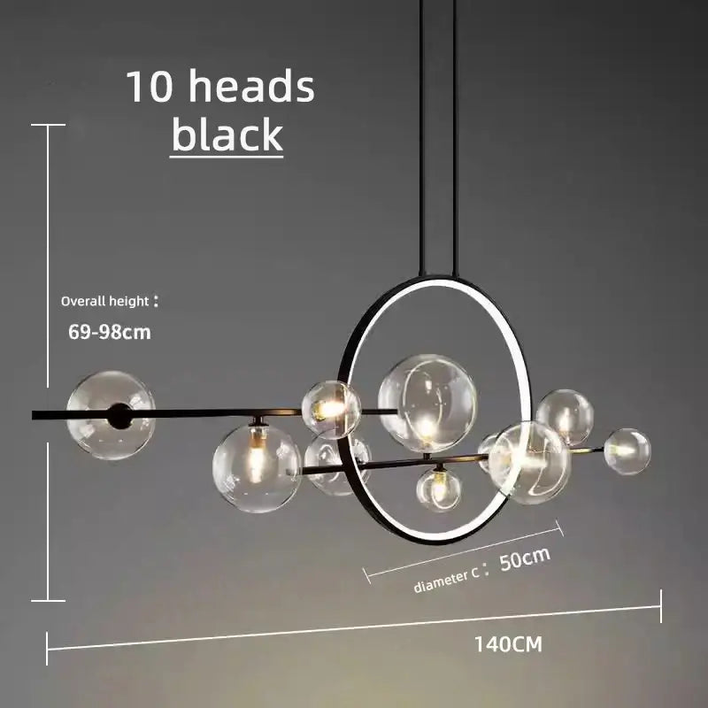 Modern black bubble glass pendant light with ten clear globe lights and circular frame for dining room decorbites bubble glass