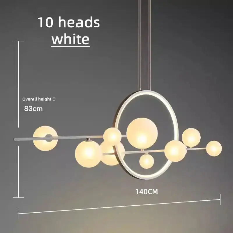Modern white pendant light with ten spherical bubble glass heads in circular and linear pattern decorbites bubble glass