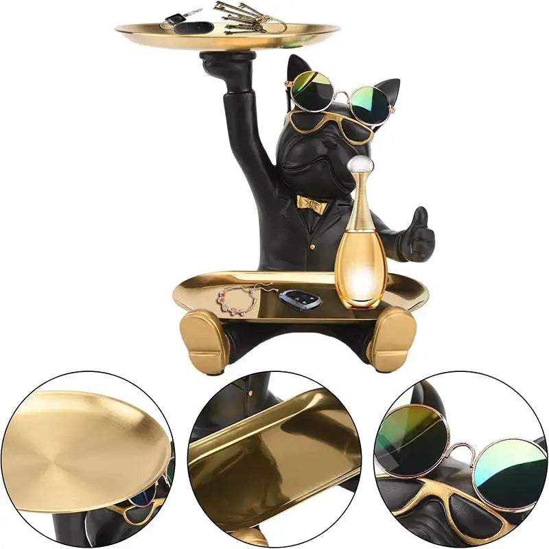 Modern black bulldog tray statue with gold accessories and sunglasses holding perfume on a golden tray for living room decor