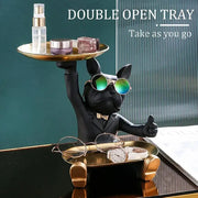 Modern black bulldog tray statue figurine in suit and sunglasses holding gold double open tray for living room decor