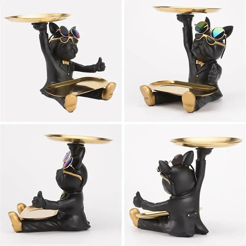 Modern black bulldog tray statue featuring a black french bulldog figurine with sunglasses and gold trays for storage decor