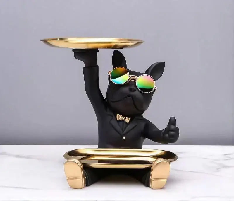Modern black bulldog tray statue in suit with gold sunglasses and bow tie holding a golden tray for living room decor