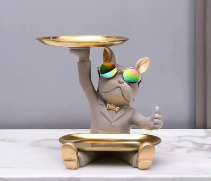 Gray resin bulldog tray statue with iridescent sunglasses gold bow tie holding and seated on golden trays for decor